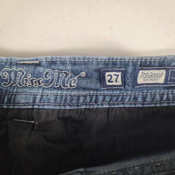 Miss Me Blue Denim Bling Jeans Distressed Flap Pocket Skinny Low Rise 27 - Picture 4 of 4